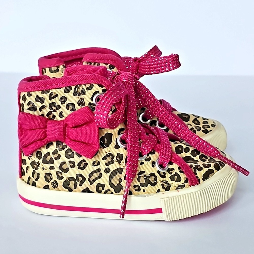 OshKosh Toddler Leopard Print High Top Sneakers Pink Bow Glitter Lace Girl Shoes